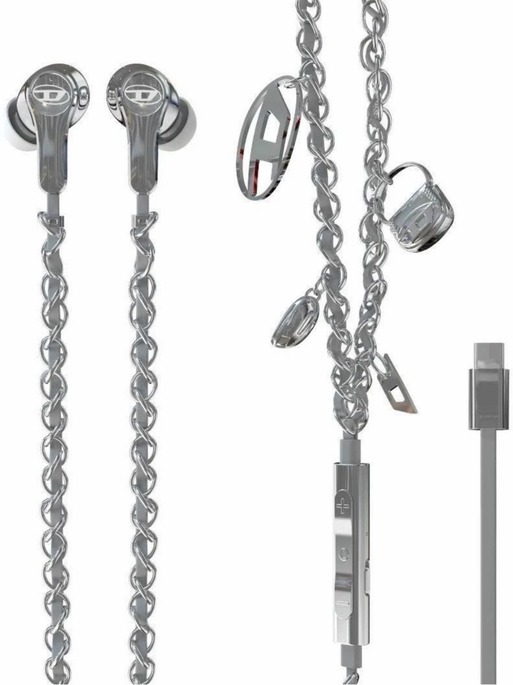 DIESEL Wired Earbuds Silver Charms 60458 USB-C ANC Active Noise Cancelling